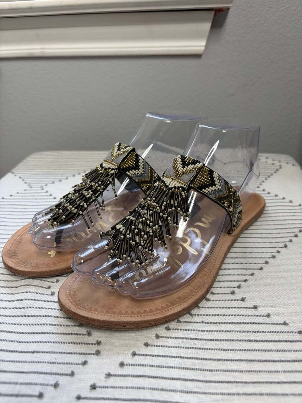 Sam Edelman Womens 6 Anella Beaded Fringe Flat Leather Sandals